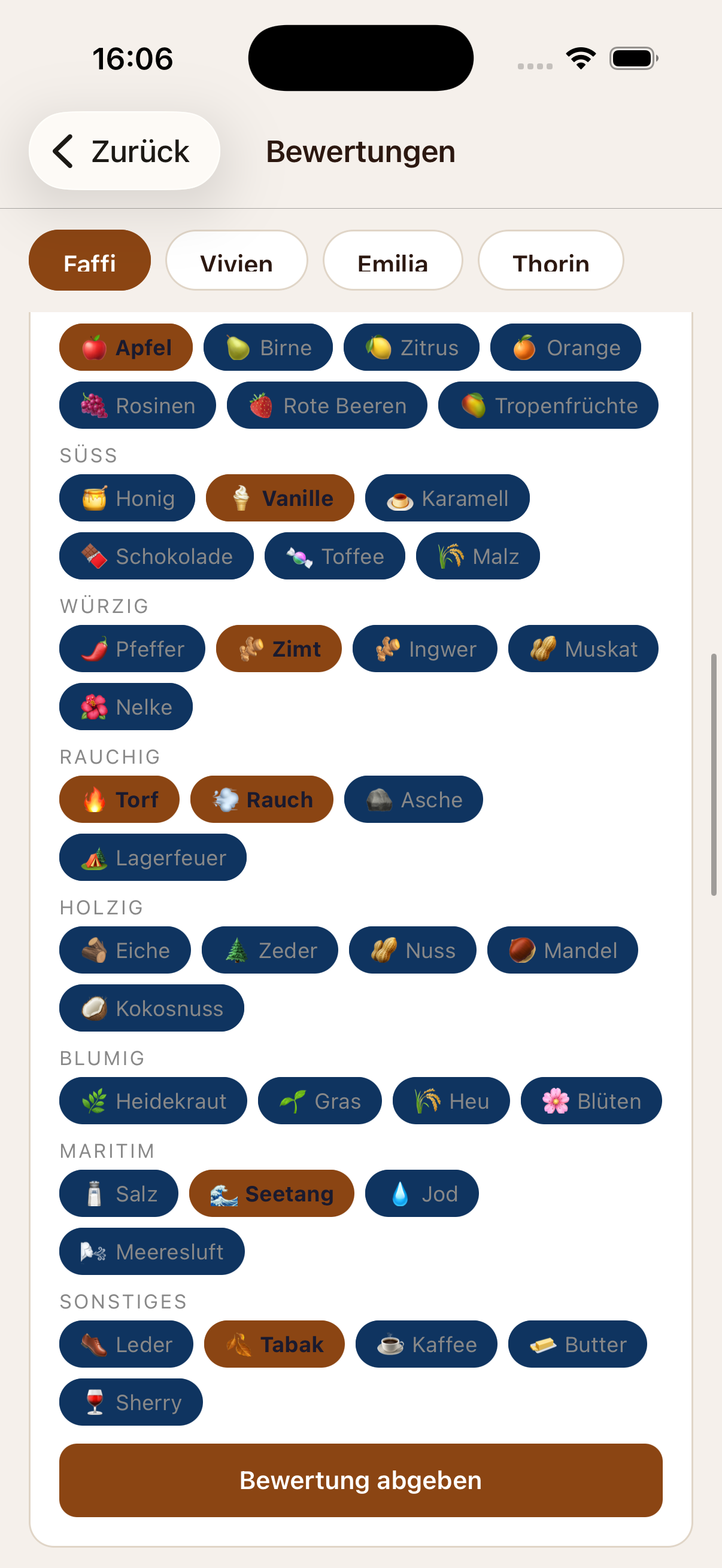 Aromen-Auswahl mit Emoji-Tags